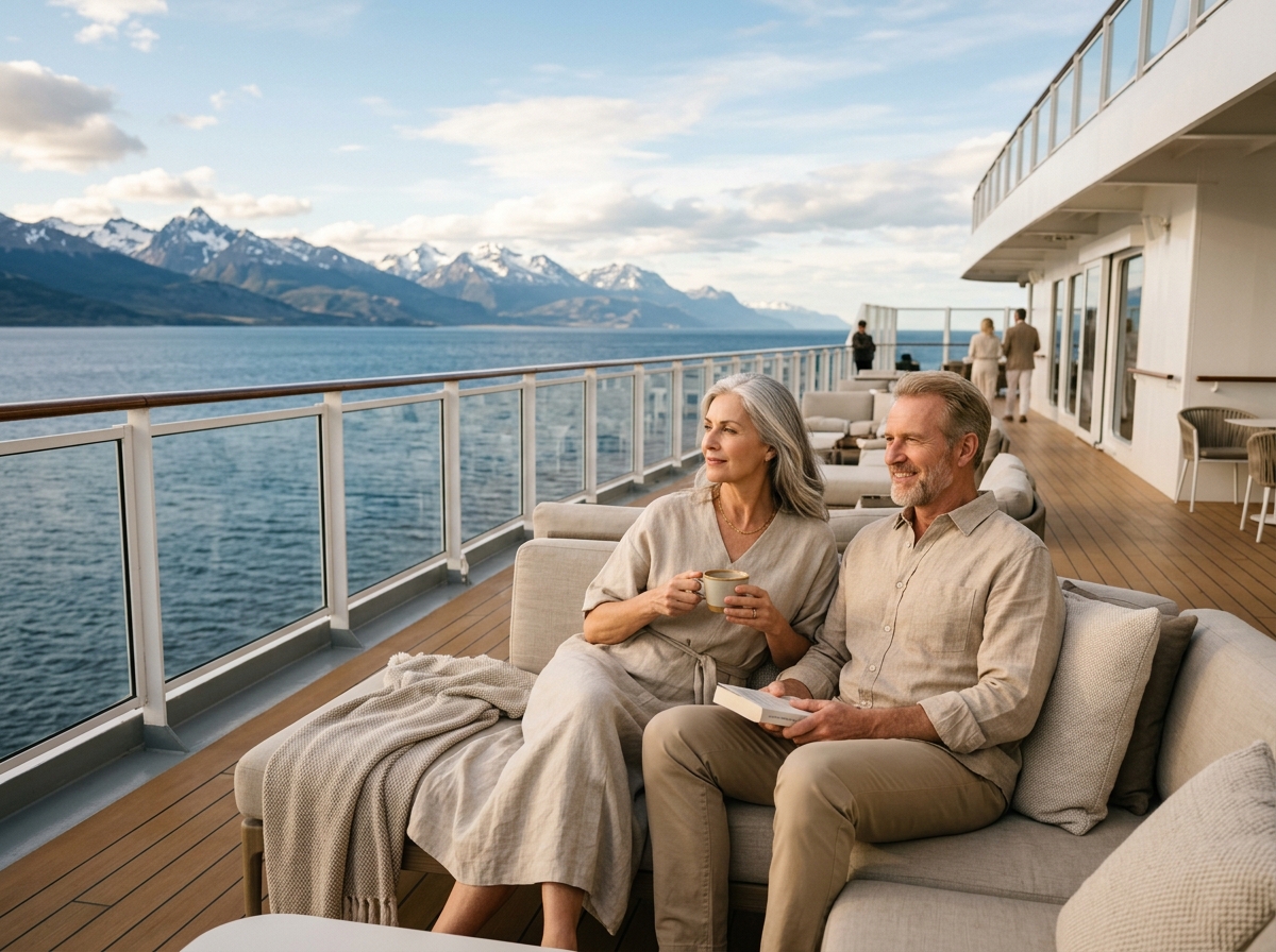 Adults relaxing on an open cruise deck near Argentina