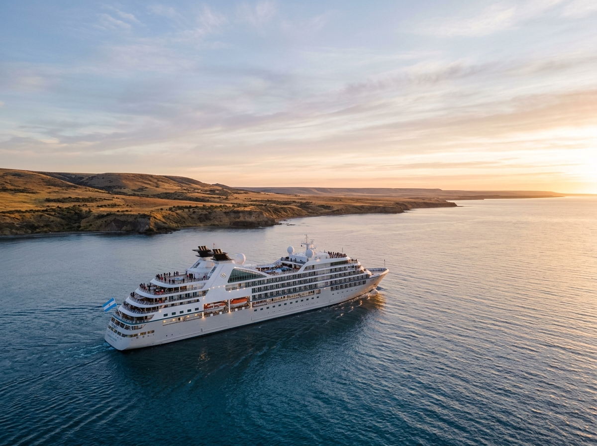 Cruise liner moving toward the Argentine Atlantic horizon