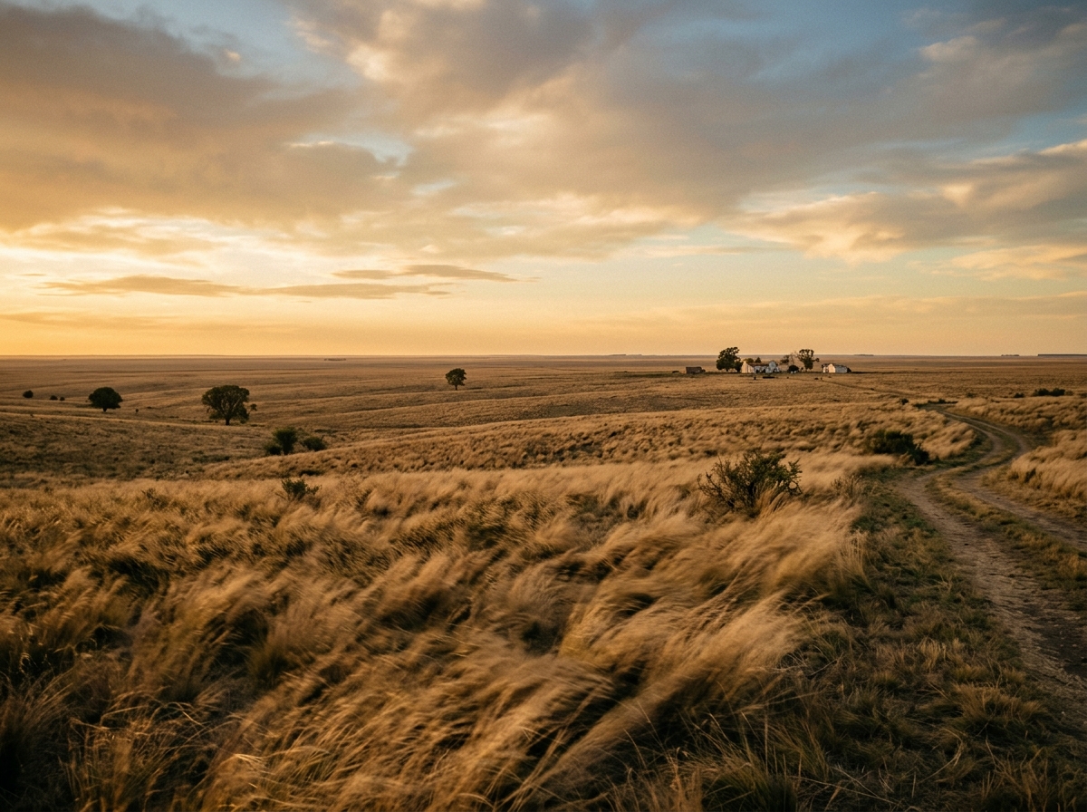 Wide Argentine Pampas landscape at golden hour