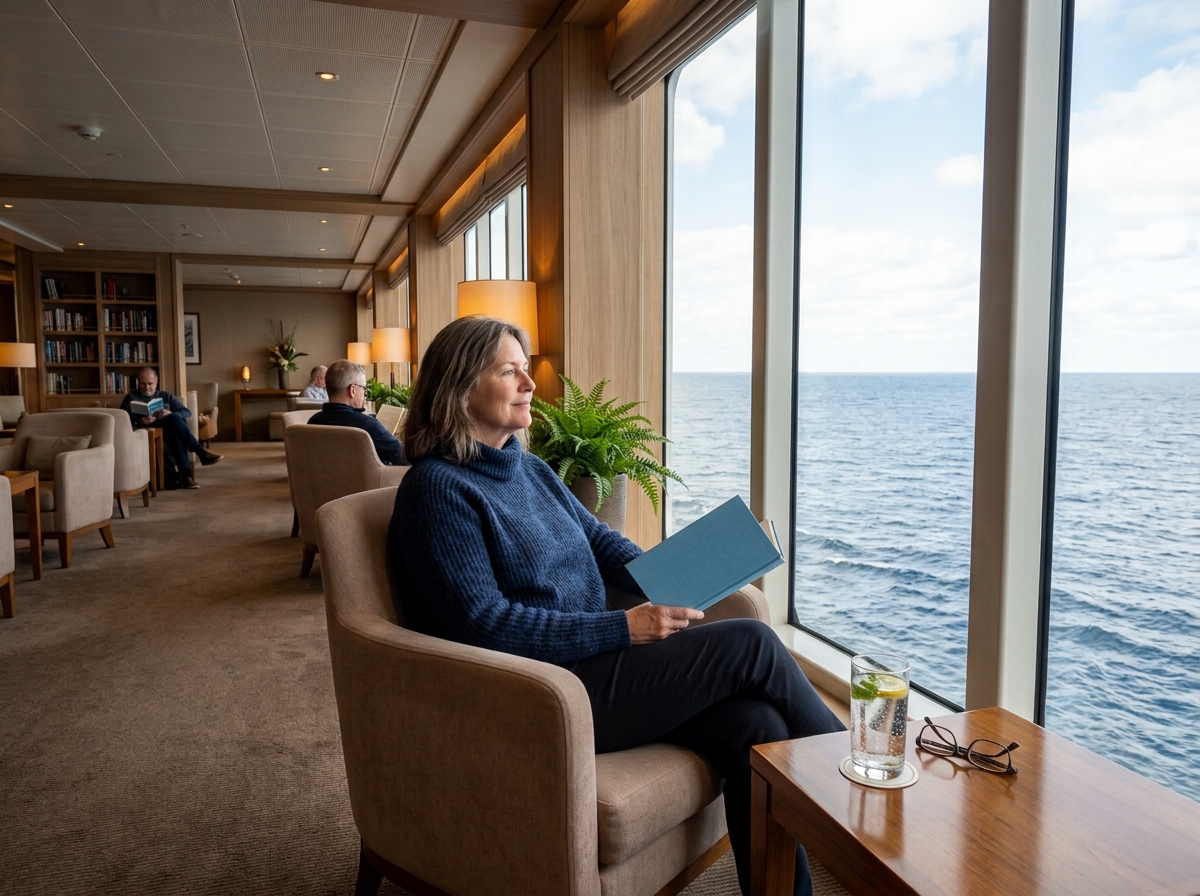 Adult traveler taking a quiet break in an ocean lounge